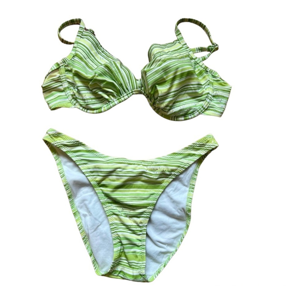 3 Piece Green & White Bikini Size Large With Coverup Rhinestones Accents SALE